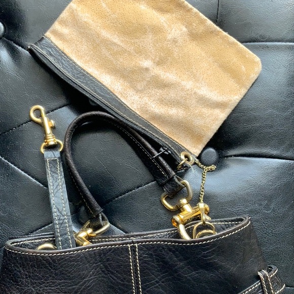 Black Leather Horse Bit Handbag with small attached bag inside and two handles. - Picture 6 of 8